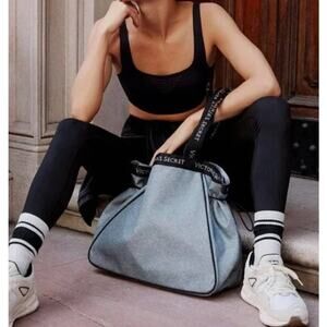 Victoria's Secret Gray and Black Logo Branded Sport Cinch Tote Gym Bag - OS
